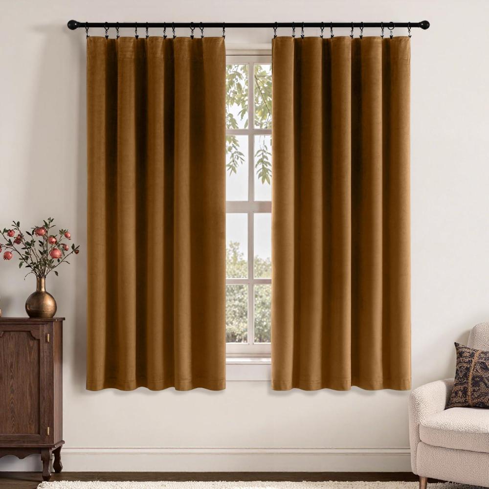 imageMIULEE Navy Blue Velvet Curtains 84 Inch Long Luxury Super Soft Thermal Insulated Blackout Curtains Room Darkening Drapes Rod Pocket Design for Bedroom Living Room Set of 2 Panels W40 x L84 InchGolden Brown