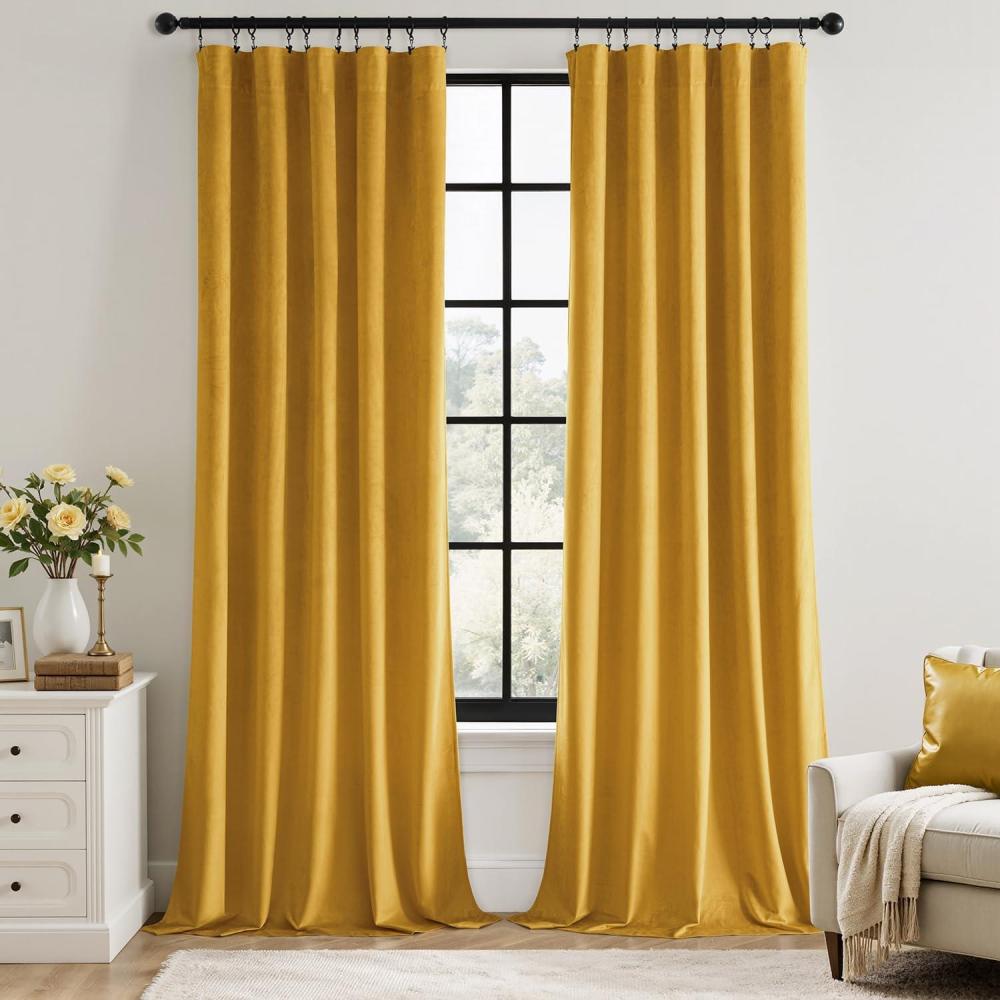 imageMIULEE Navy Blue Velvet Curtains 84 Inch Long Luxury Super Soft Thermal Insulated Blackout Curtains Room Darkening Drapes Rod Pocket Design for Bedroom Living Room Set of 2 Panels W40 x L84 InchMustard Yellow