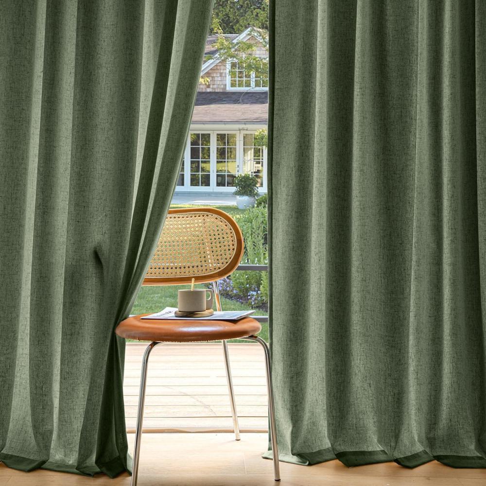 imageMIULEE NonSeeThrough Privacy Linen Curtains 2 Panels Christmas Emerald Green Light Filtering Window Curtains Textured Back Tab Semi Sheer Drapes for Bedroom Living Room 52 x 90 Inches LongOlive Green