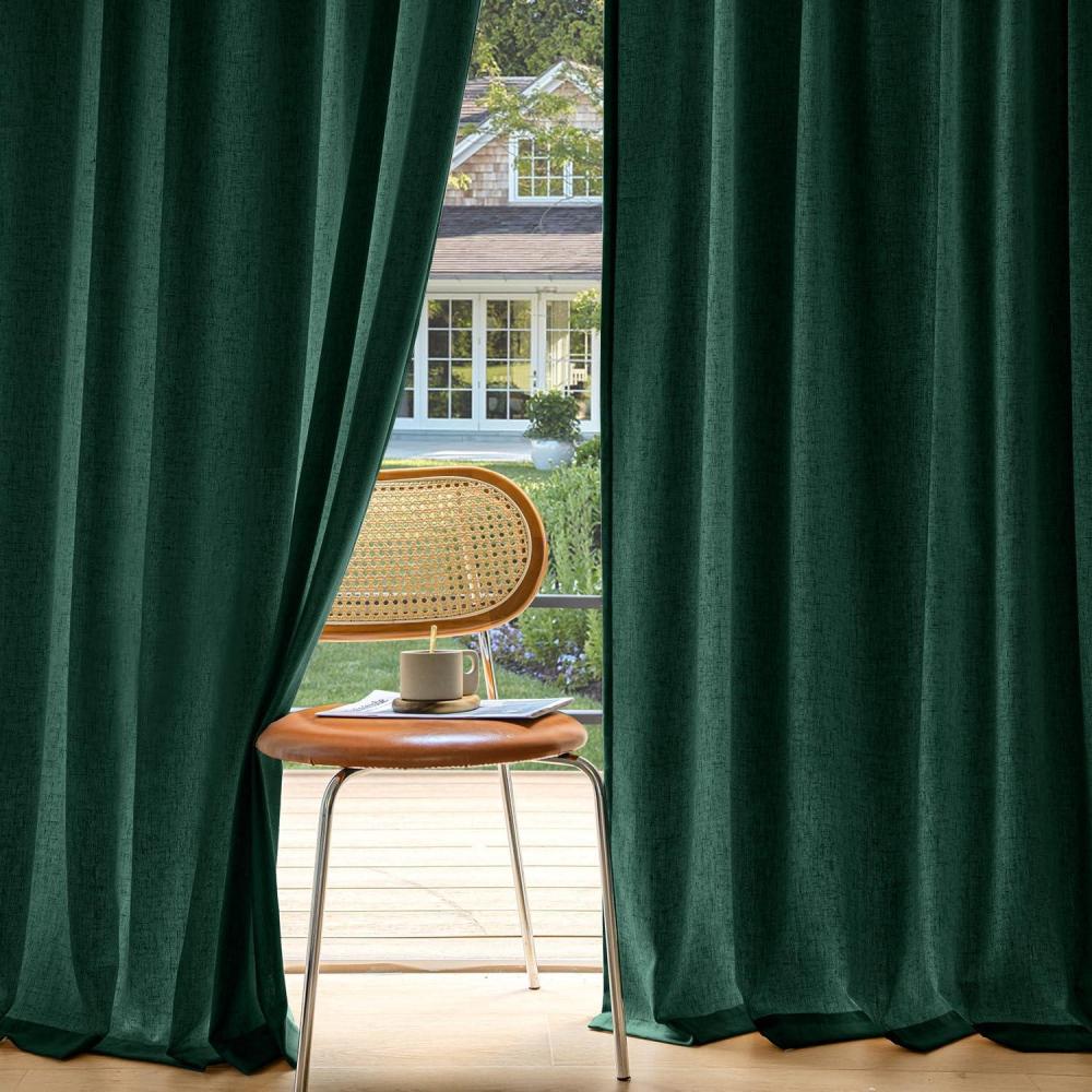 imageMIULEE NonSeeThrough Privacy Linen Curtains 2 Panels Christmas Emerald Green Light Filtering Window Curtains Textured Back Tab Semi Sheer Drapes for Bedroom Living Room 52 x 90 Inches LongEmerald Green