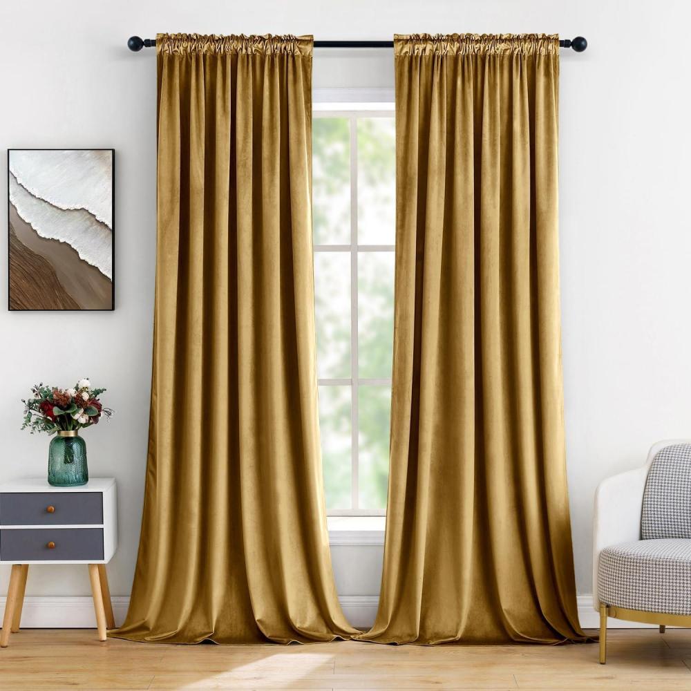 imageMIULEE Olive Green Velvet Curtains Thermal Insulated Blackout Curtain Drapes for Bedroom Living Room Darkening 84 Inches Long Curtains Panels Rod Pocket Set of 2Gold