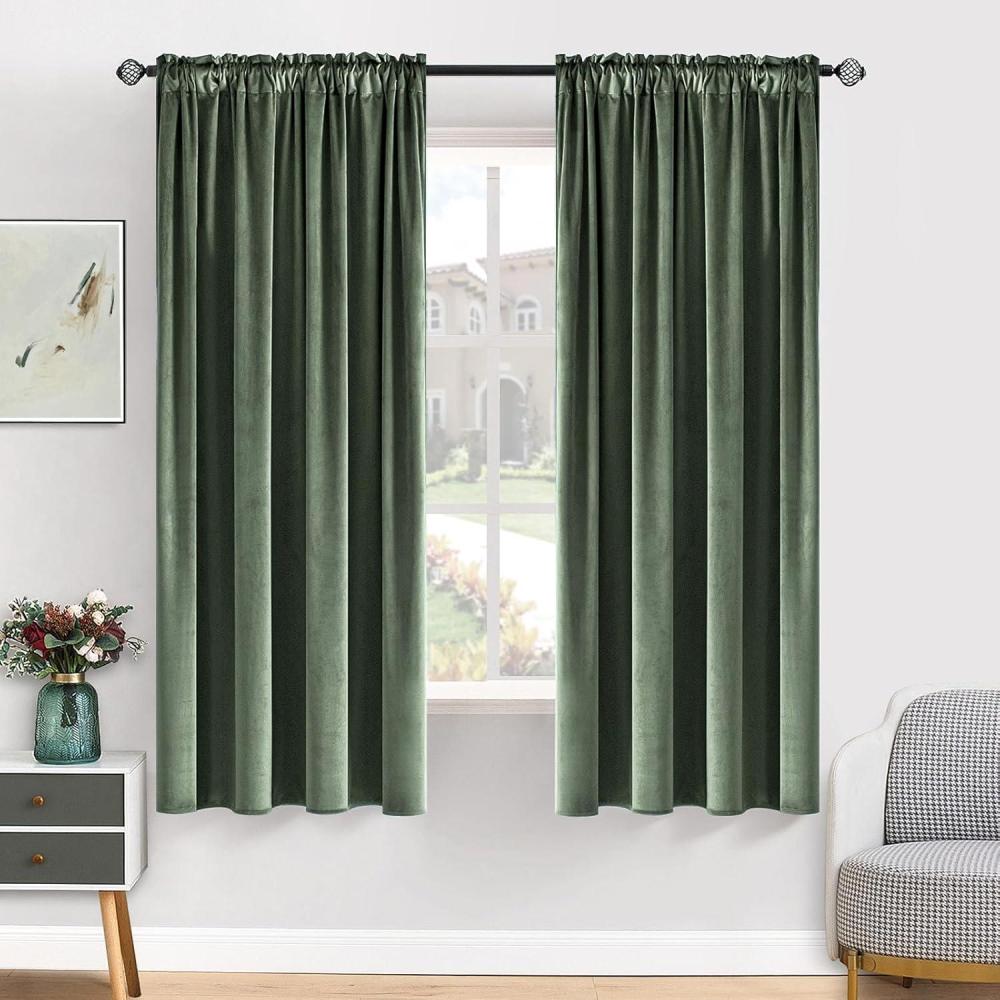 imageMIULEE Olive Green Velvet Curtains Thermal Insulated Blackout Curtain Drapes for Bedroom Living Room Darkening 84 Inches Long Curtains Panels Rod Pocket Set of 2Sage Green