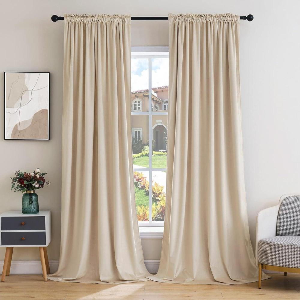imageMIULEE Olive Green Velvet Curtains Thermal Insulated Blackout Curtain Drapes for Bedroom Living Room Darkening 84 Inches Long Curtains Panels Rod Pocket Set of 2Beige
