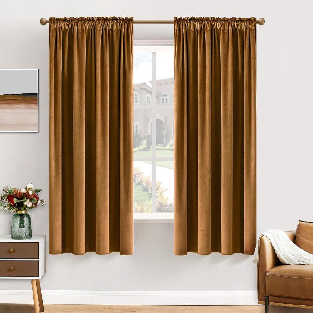 imageMIULEE Olive Green Velvet Curtains Thermal Insulated Blackout Curtain Drapes for Bedroom Living Room Darkening 84 Inches Long Curtains Panels Rod Pocket Set of 2Golden Brown
