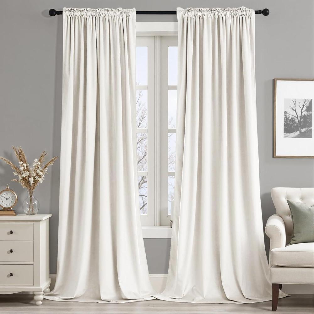 imageMIULEE Olive Green Velvet Curtains Thermal Insulated Blackout Curtain Drapes for Bedroom Living Room Darkening 84 Inches Long Curtains Panels Rod Pocket Set of 2Ivory