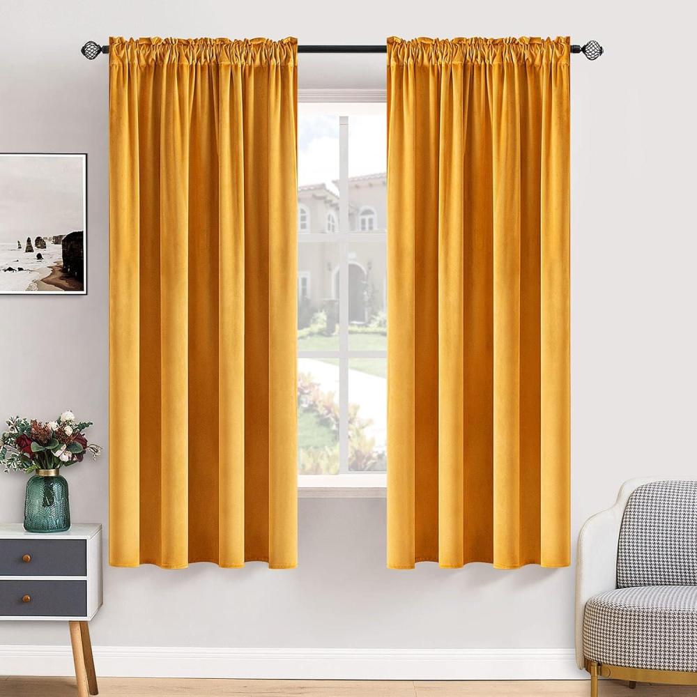 imageMIULEE Olive Green Velvet Curtains Thermal Insulated Blackout Curtain Drapes for Bedroom Living Room Darkening 84 Inches Long Curtains Panels Rod Pocket Set of 2Mustard Yellow