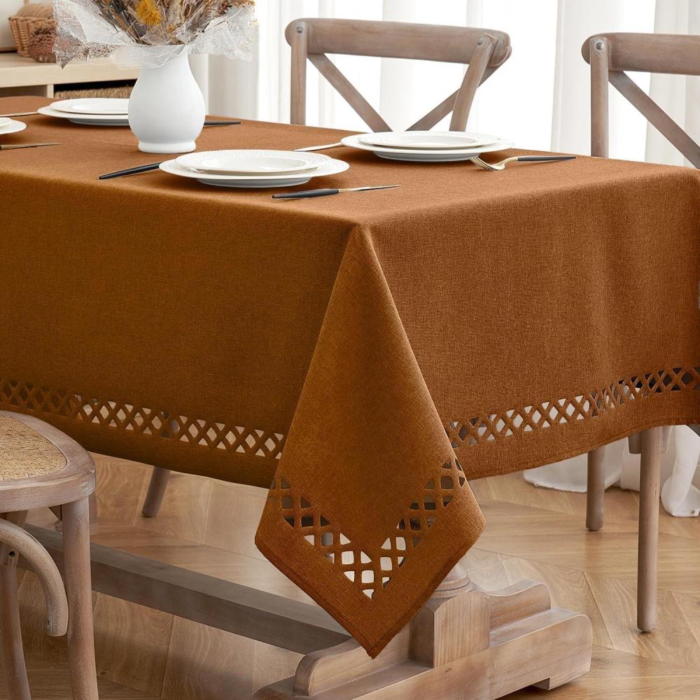 imageMIULEE Orange Thick Polyester Linen Rectangle Tablecloth with Decorative Cutouts Waterproof Stain Resistant Table Cloth Spring Boho Fall Table Cover for Dining Party Wedding 70 x 52 inchBrown