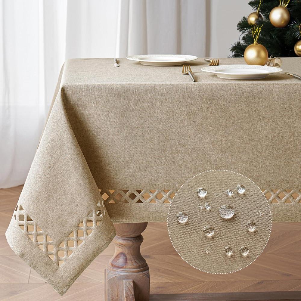 imageMIULEE Orange Thick Polyester Linen Rectangle Tablecloth with Decorative Cutouts Waterproof Stain Resistant Table Cloth Spring Boho Fall Table Cover for Dining Party Wedding 70 x 52 inchBeige