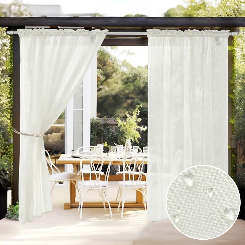 imageMIULEE Outdoor Sheer Curtain for Patio Waterproof  2 Panels Ivory Privacy Drape Voile Curtain Rod Pocket for PorchPergola Cabana Gazebo 54 X 84 Inch LongIvory