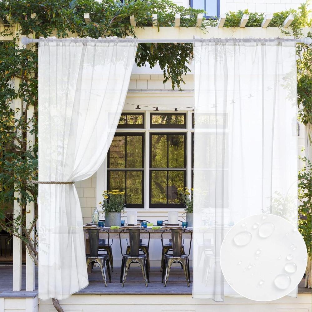 imageMIULEE Outdoor Sheer Curtain for Patio Waterproof  2 Panels Ivory Privacy Drape Voile Curtain Rod Pocket for PorchPergola Cabana Gazebo 54 X 84 Inch LongWhite