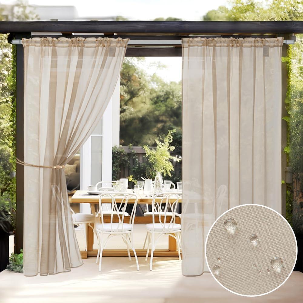 imageMIULEE Outdoor Sheer Curtain for Patio Waterproof 2 Panels Ivory Privacy Drape Voile Curtain Rod Pocket for PorchPergola Cabana Gazebo 54 X 84 Inch LongBeige