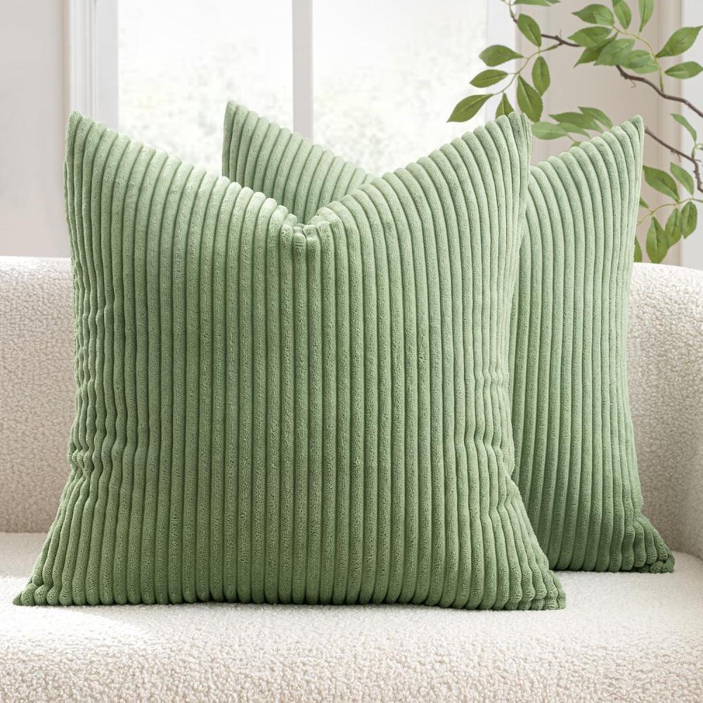 imageMIULEE Pack of 2 Burnt Orange Pillow Covers 18x18 Inch Soft Boho Striped Corduroy Throw Pillow Covers Set Decorative Square Cushion Cases Pillowcases for Sofa Bedroom CouchSage Green