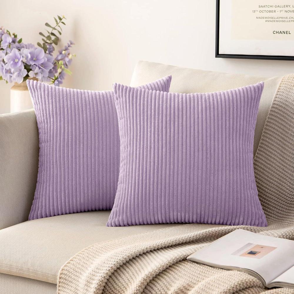 imageMIULEE Pack of 2 Burnt Orange Pillow Covers 18x18 Inch Soft Boho Striped Corduroy Throw Pillow Covers Set Decorative Square Cushion Cases Pillowcases for Sofa Bedroom CouchLavender