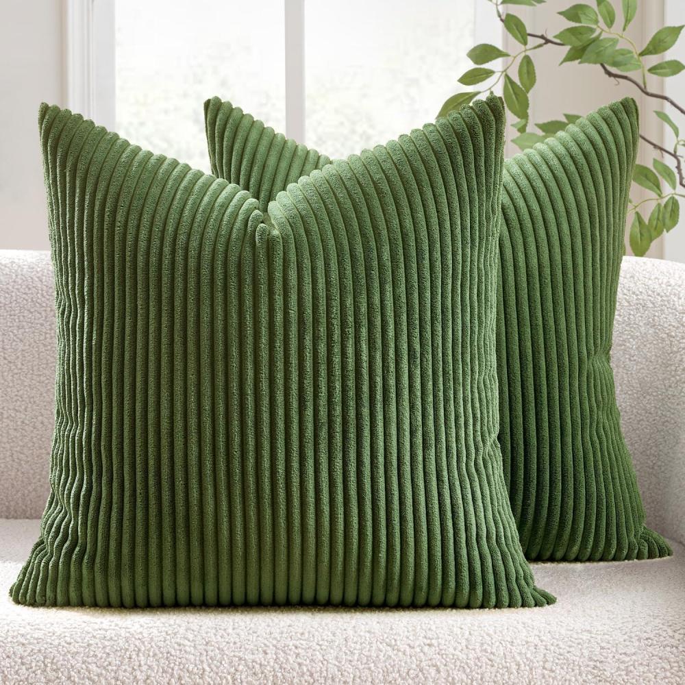 imageMIULEE Pack of 2 Burnt Orange Pillow Covers 18x18 Inch Soft Boho Striped Corduroy Throw Pillow Covers Set Decorative Square Cushion Cases Pillowcases for Sofa Bedroom CouchMoss Green
