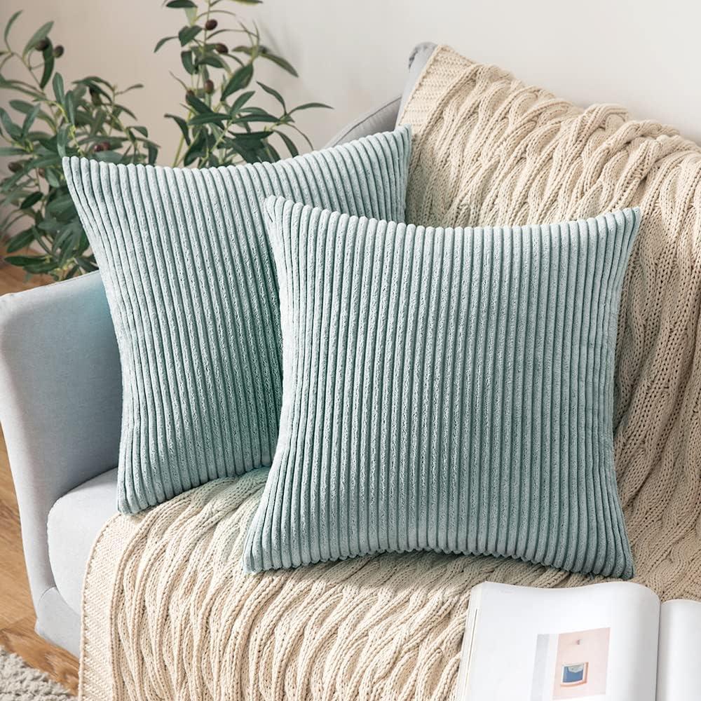 imageMIULEE Pack of 2 Burnt Orange Pillow Covers 18x18 Inch Soft Boho Striped Corduroy Throw Pillow Covers Set Decorative Square Cushion Cases Pillowcases for Sofa Bedroom CouchMint