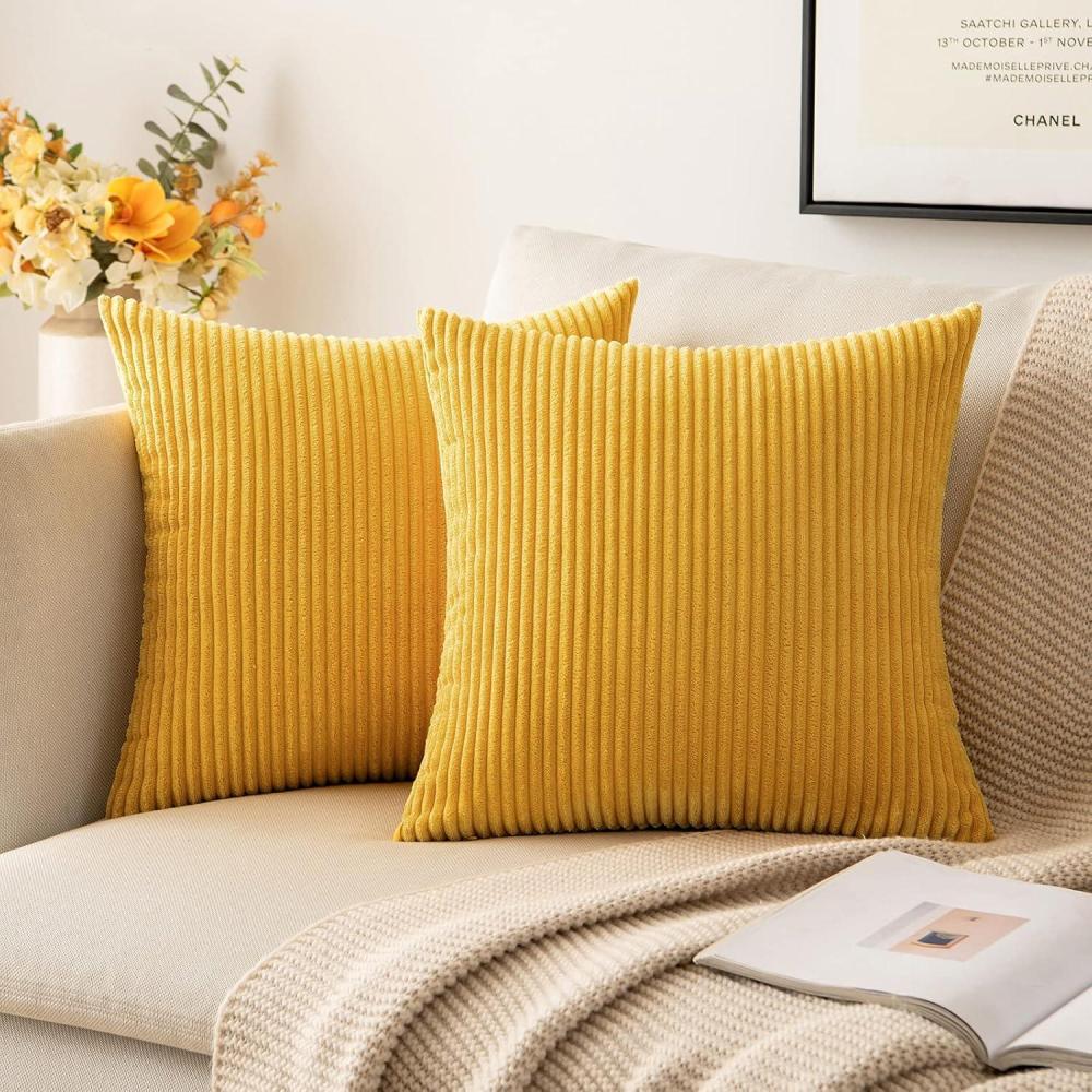 imageMIULEE Pack of 2 Burnt Orange Pillow Covers 18x18 Inch Soft Boho Striped Corduroy Throw Pillow Covers Set Decorative Square Cushion Cases Pillowcases for Sofa Bedroom CouchMustard Yellow