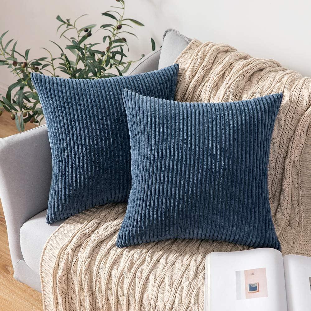 imageMIULEE Pack of 2 Burnt Orange Pillow Covers 18x18 Inch Soft Boho Striped Corduroy Throw Pillow Covers Set Decorative Square Cushion Cases Pillowcases for Sofa Bedroom CouchNavy Blue