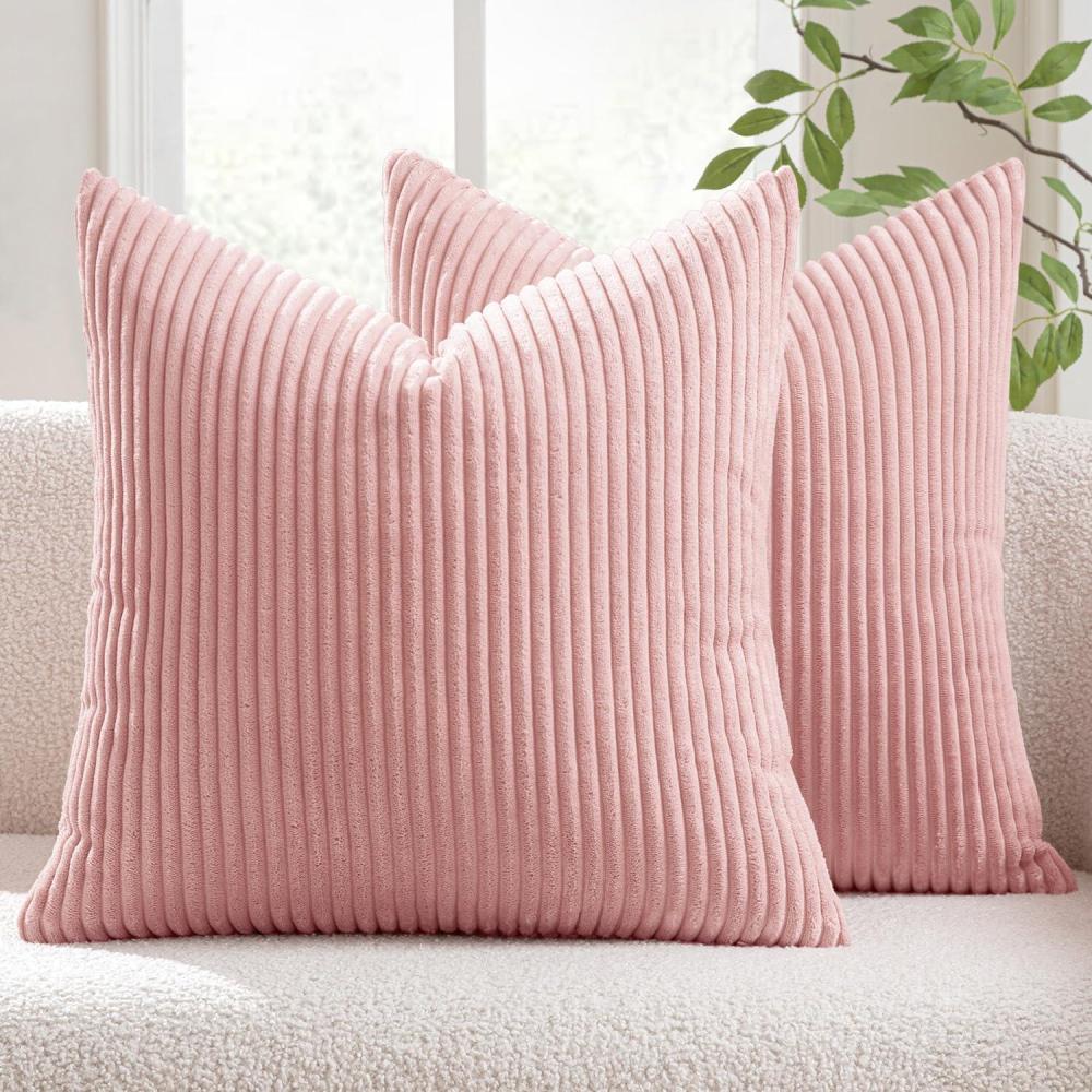 imageMIULEE Pack of 2 Burnt Orange Pillow Covers 18x18 Inch Soft Boho Striped Corduroy Throw Pillow Covers Set Decorative Square Cushion Cases Pillowcases for Sofa Bedroom CouchPink