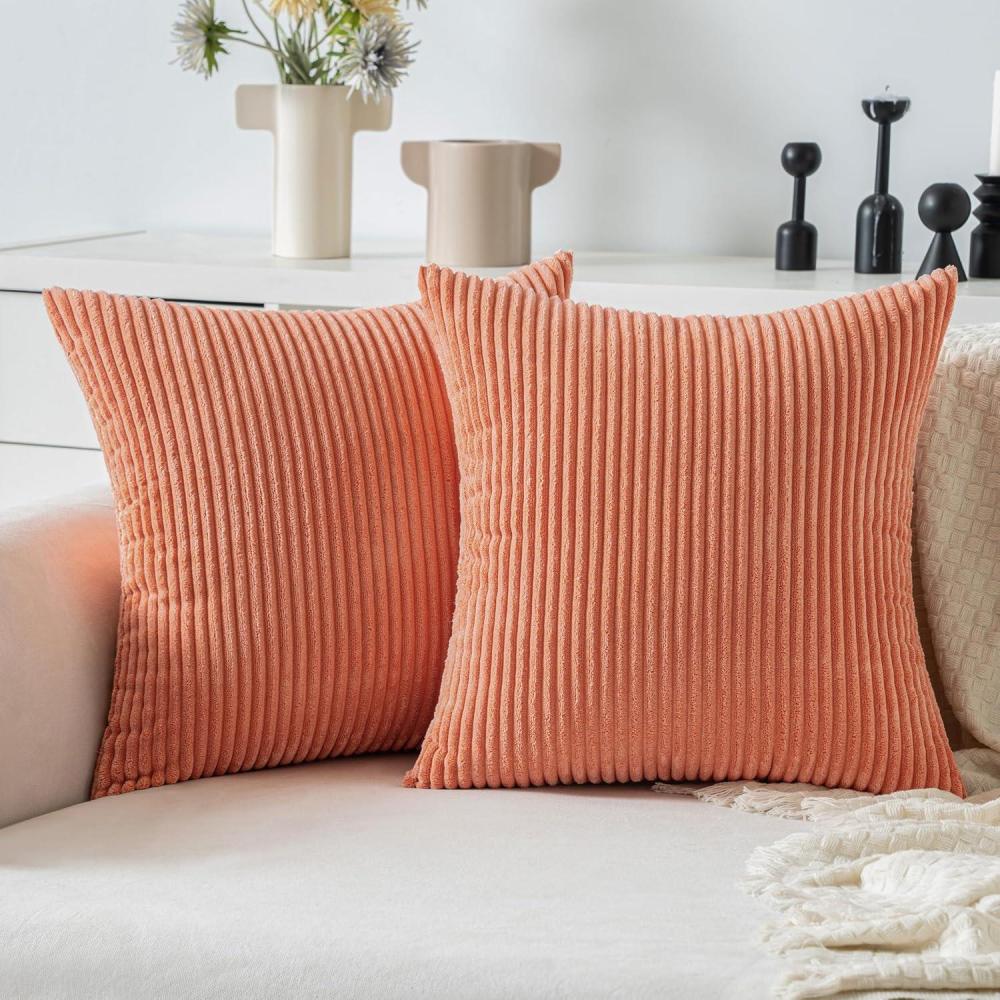 imageMIULEE Pack of 2 Burnt Orange Pillow Covers 18x18 Inch Soft Boho Striped Corduroy Throw Pillow Covers Set Decorative Square Cushion Cases Pillowcases for Sofa Bedroom CouchCoral Red