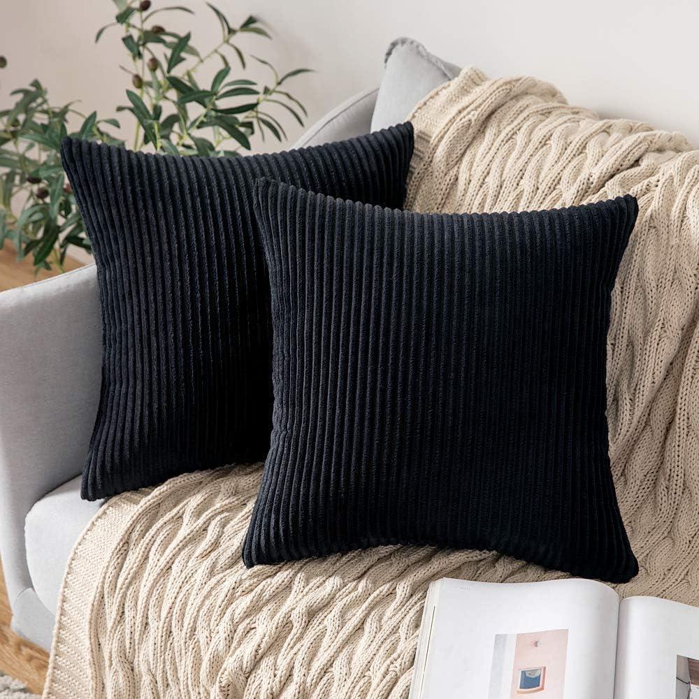 imageMIULEE Pack of 2 Burnt Orange Pillow Covers 18x18 Inch Soft Boho Striped Corduroy Throw Pillow Covers Set Decorative Square Cushion Cases Pillowcases for Sofa Bedroom CouchBlack