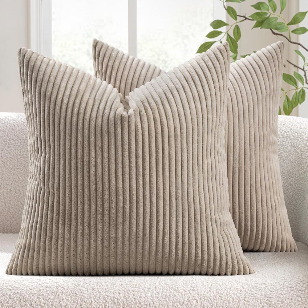 imageMIULEE Pack of 2 Burnt Orange Pillow Covers 18x18 Inch Soft Boho Striped Corduroy Throw Pillow Covers Set Decorative Square Cushion Cases Pillowcases for Sofa Bedroom CouchLight Brown
