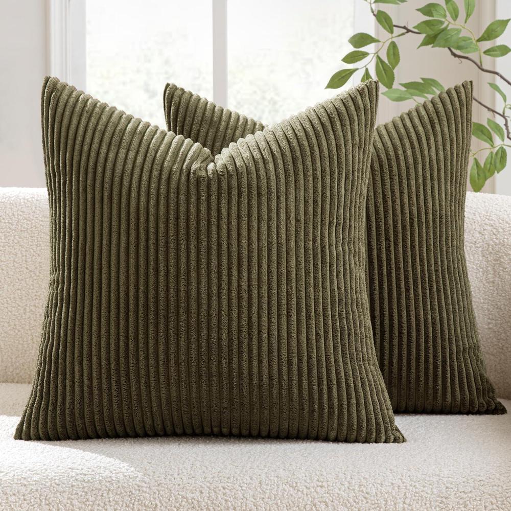 imageMIULEE Pack of 2 Burnt Orange Pillow Covers 18x18 Inch Soft Boho Striped Corduroy Throw Pillow Covers Set Decorative Square Cushion Cases Pillowcases for Sofa Bedroom CouchOlive Green