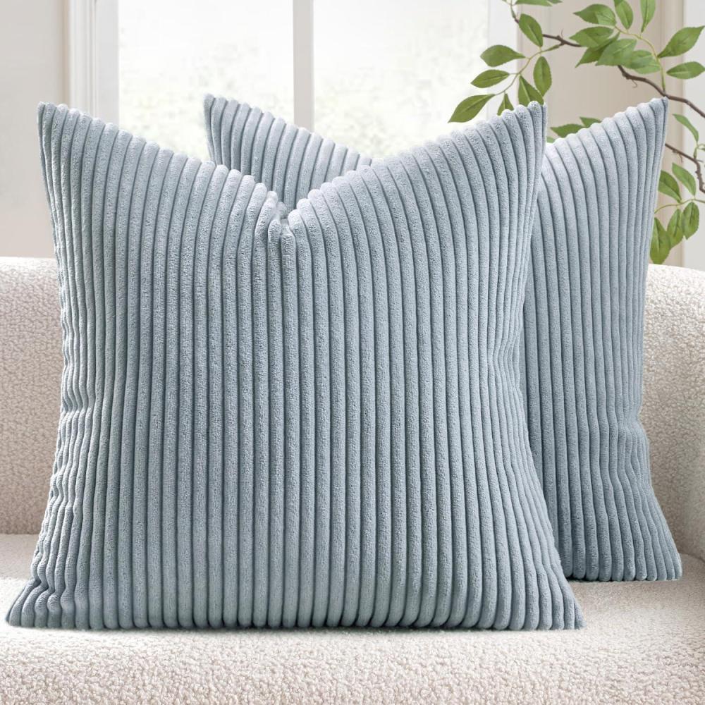 imageMIULEE Pack of 2 Burnt Orange Pillow Covers 18x18 Inch Soft Boho Striped Corduroy Throw Pillow Covers Set Decorative Square Cushion Cases Pillowcases for Sofa Bedroom CouchDusty Blue