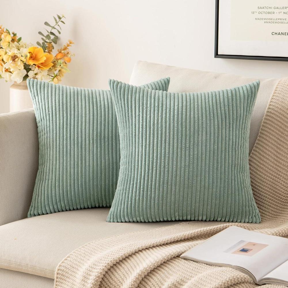 imageMIULEE Pack of 2 Burnt Orange Pillow Covers 18x18 Inch Soft Boho Striped Corduroy Throw Pillow Covers Set Decorative Square Cushion Cases Pillowcases for Sofa Bedroom CouchGreyish Green