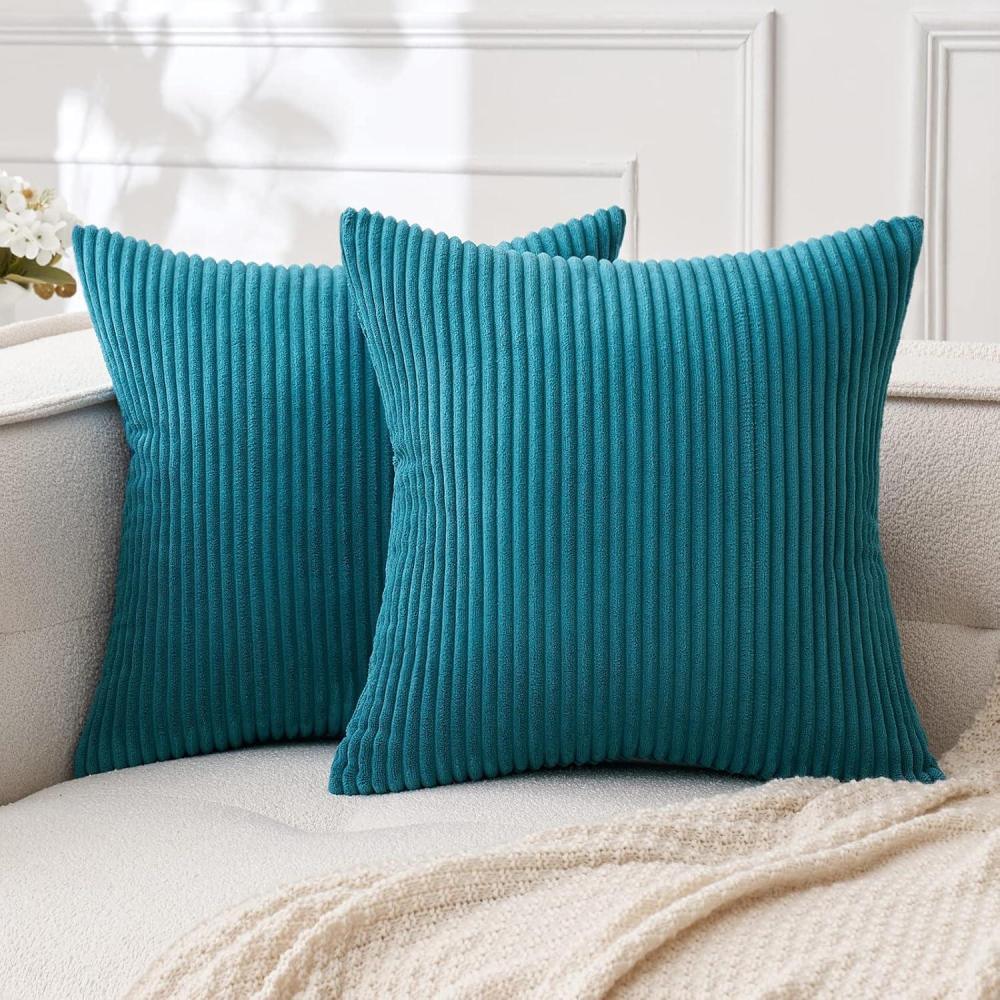 imageMIULEE Pack of 2 Burnt Orange Pillow Covers 18x18 Inch Soft Boho Striped Corduroy Throw Pillow Covers Set Decorative Square Cushion Cases Pillowcases for Sofa Bedroom CouchTeal