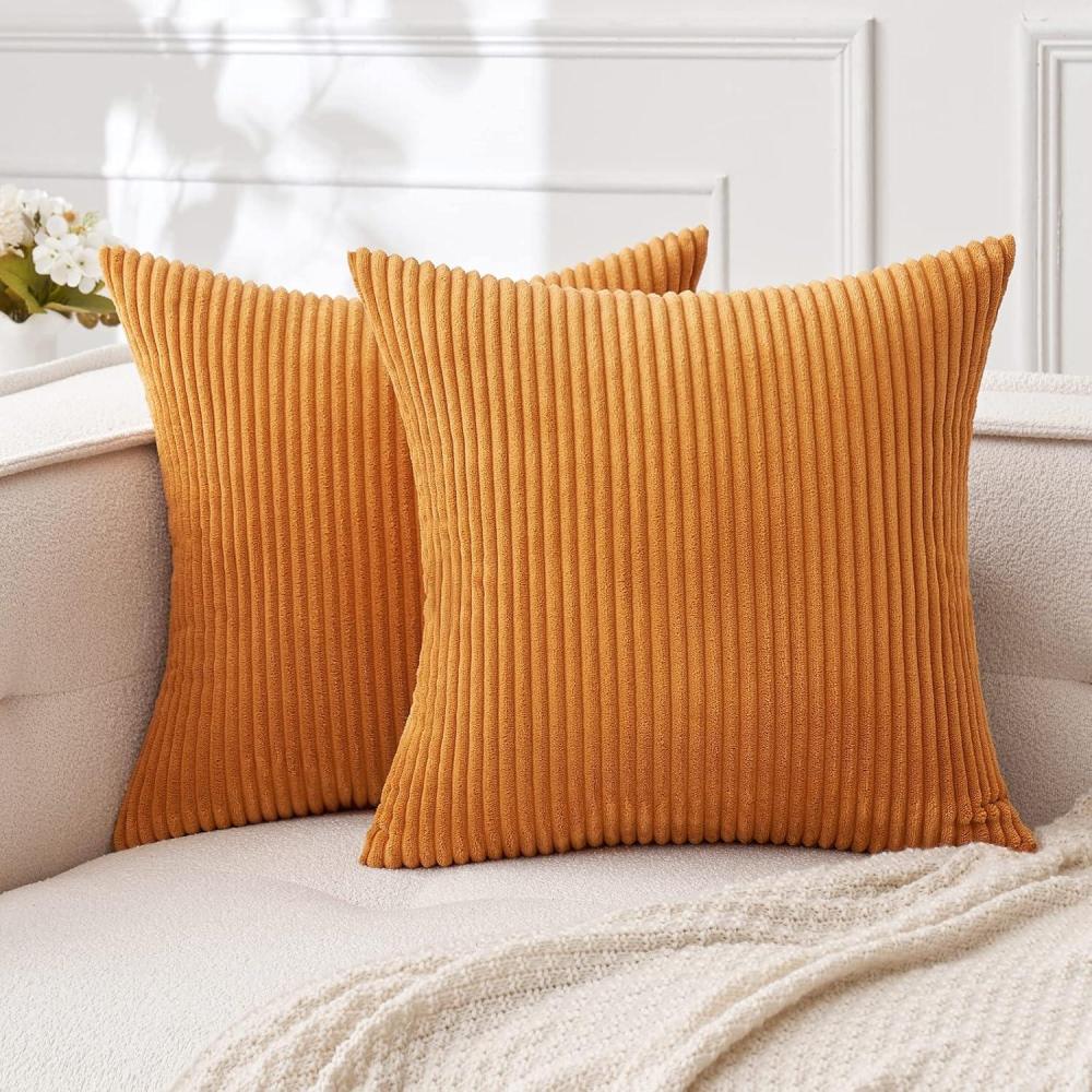 imageMIULEE Pack of 2 Burnt Orange Pillow Covers 18x18 Inch Soft Boho Striped Corduroy Throw Pillow Covers Set Decorative Square Cushion Cases Pillowcases for Sofa Bedroom CouchBurnt Orange