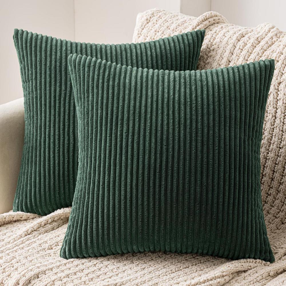 imageMIULEE Pack of 2 Burnt Orange Pillow Covers 18x18 Inch Soft Boho Striped Corduroy Throw Pillow Covers Set Decorative Square Cushion Cases Pillowcases for Sofa Bedroom CouchArmy Green
