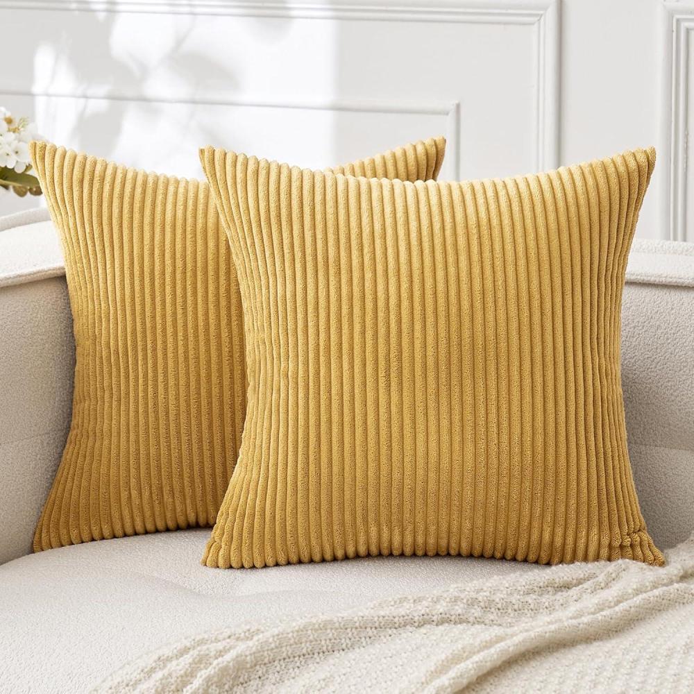 imageMIULEE Pack of 2 Burnt Orange Pillow Covers 18x18 Inch Soft Boho Striped Corduroy Throw Pillow Covers Set Decorative Square Cushion Cases Pillowcases for Sofa Bedroom CouchGold