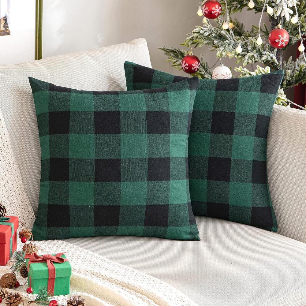 imageMIULEE Pack of 2 Christmas Classic Farmhouse Buffalo Check Plaids Polyester Linen Soft Soild Decorative Porch Throw Pillow Covers Home Decor Cushion Case for Sofa Bedroom 18x18 Inch Black and RedGreen and Black