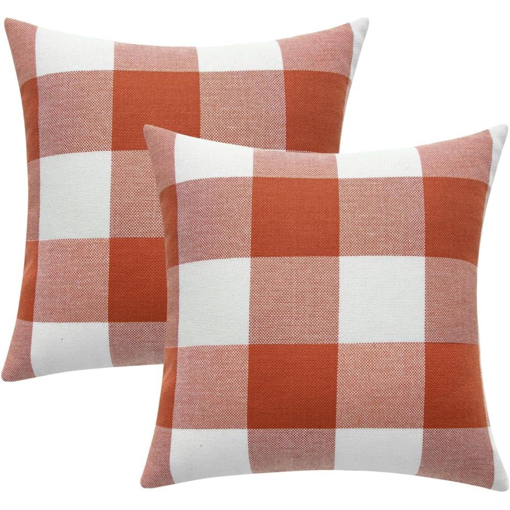 imageMIULEE Pack of 2 Christmas Classic Farmhouse Buffalo Check Plaids Polyester Linen Soft Soild Decorative Porch Throw Pillow Covers Home Decor Cushion Case for Sofa Bedroom 18x18 Inch Black and RedBurnt Orange