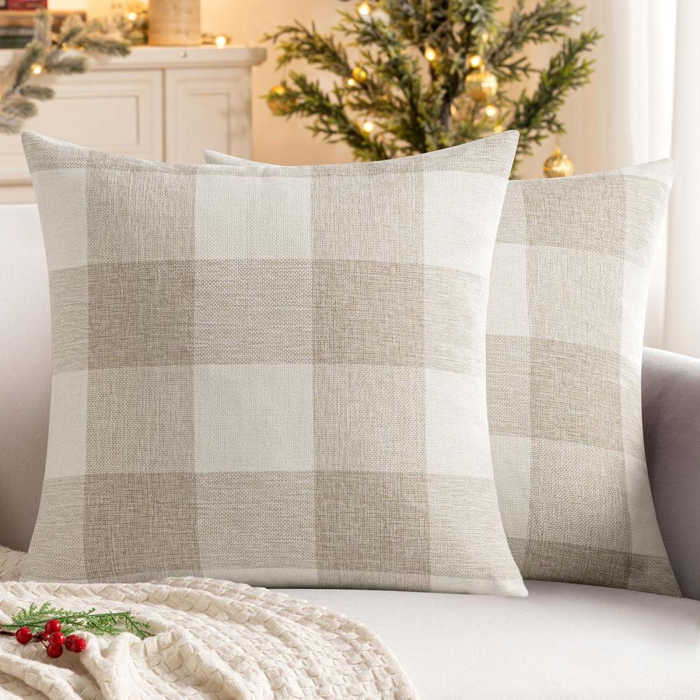 imageMIULEE Pack of 2 Christmas Classic Farmhouse Buffalo Check Plaids Polyester Linen Soft Soild Decorative Porch Throw Pillow Covers Home Decor Cushion Case for Sofa Bedroom 18x18 Inch Black and RedCream White and White
