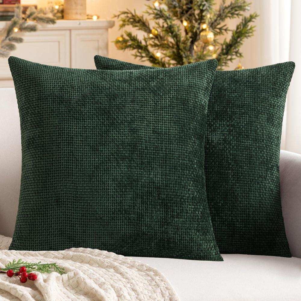 imageMIULEE Pack of 2 Christmas Couch Throw Pillow Covers 18x18 Inch Neutral Beige Modern Boho Accent Decorative Pillow Covers Soft Chenille Farmhouse Cushion Covers for Home Decor Bed Sofa Living RoomChristmas Green