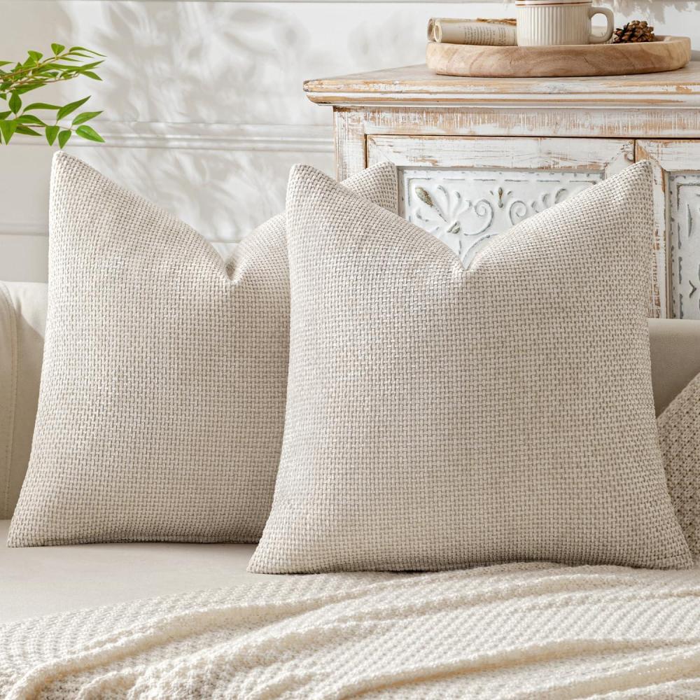 imageMIULEE Pack of 2 Christmas Couch Throw Pillow Covers 18x18 Inch Neutral Beige Modern Boho Accent Decorative Pillow Covers Soft Chenille Farmhouse Cushion Covers for Home Decor Bed Sofa Living RoomBeige
