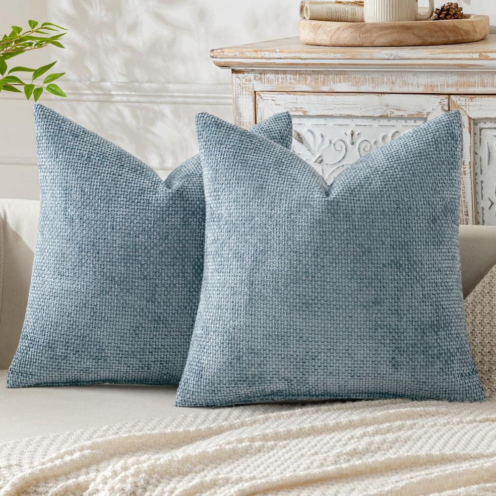 imageMIULEE Pack of 2 Christmas Couch Throw Pillow Covers 18x18 Inch Neutral Beige Modern Boho Accent Decorative Pillow Covers Soft Chenille Farmhouse Cushion Covers for Home Decor Bed Sofa Living RoomSmoke Blue
