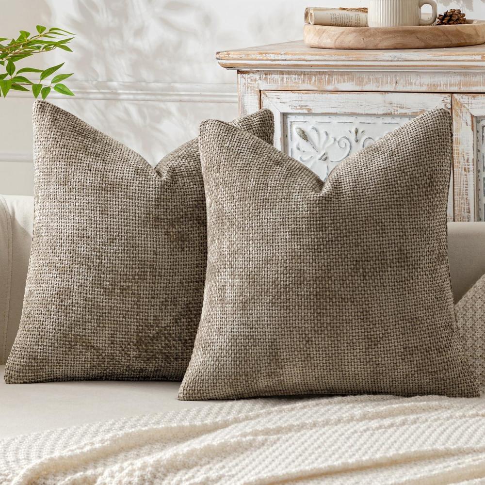 imageMIULEE Pack of 2 Christmas Couch Throw Pillow Covers 18x18 Inch Neutral Beige Modern Boho Accent Decorative Pillow Covers Soft Chenille Farmhouse Cushion Covers for Home Decor Bed Sofa Living RoomKhaki