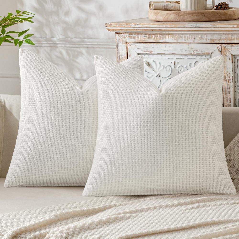 imageMIULEE Pack of 2 Christmas Couch Throw Pillow Covers 18x18 Inch Neutral Beige Modern Boho Accent Decorative Pillow Covers Soft Chenille Farmhouse Cushion Covers for Home Decor Bed Sofa Living RoomPure White