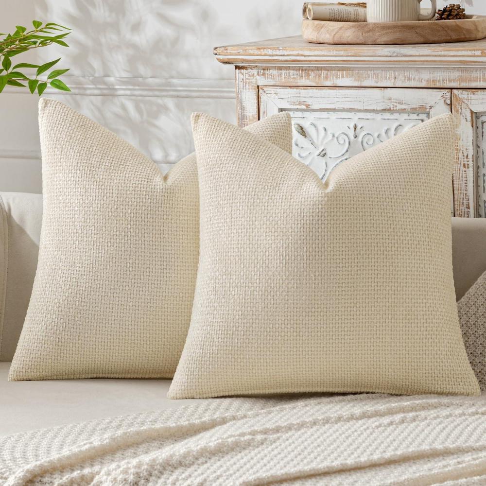 imageMIULEE Pack of 2 Christmas Couch Throw Pillow Covers 18x18 Inch Neutral Beige Modern Boho Accent Decorative Pillow Covers Soft Chenille Farmhouse Cushion Covers for Home Decor Bed Sofa Living RoomCream