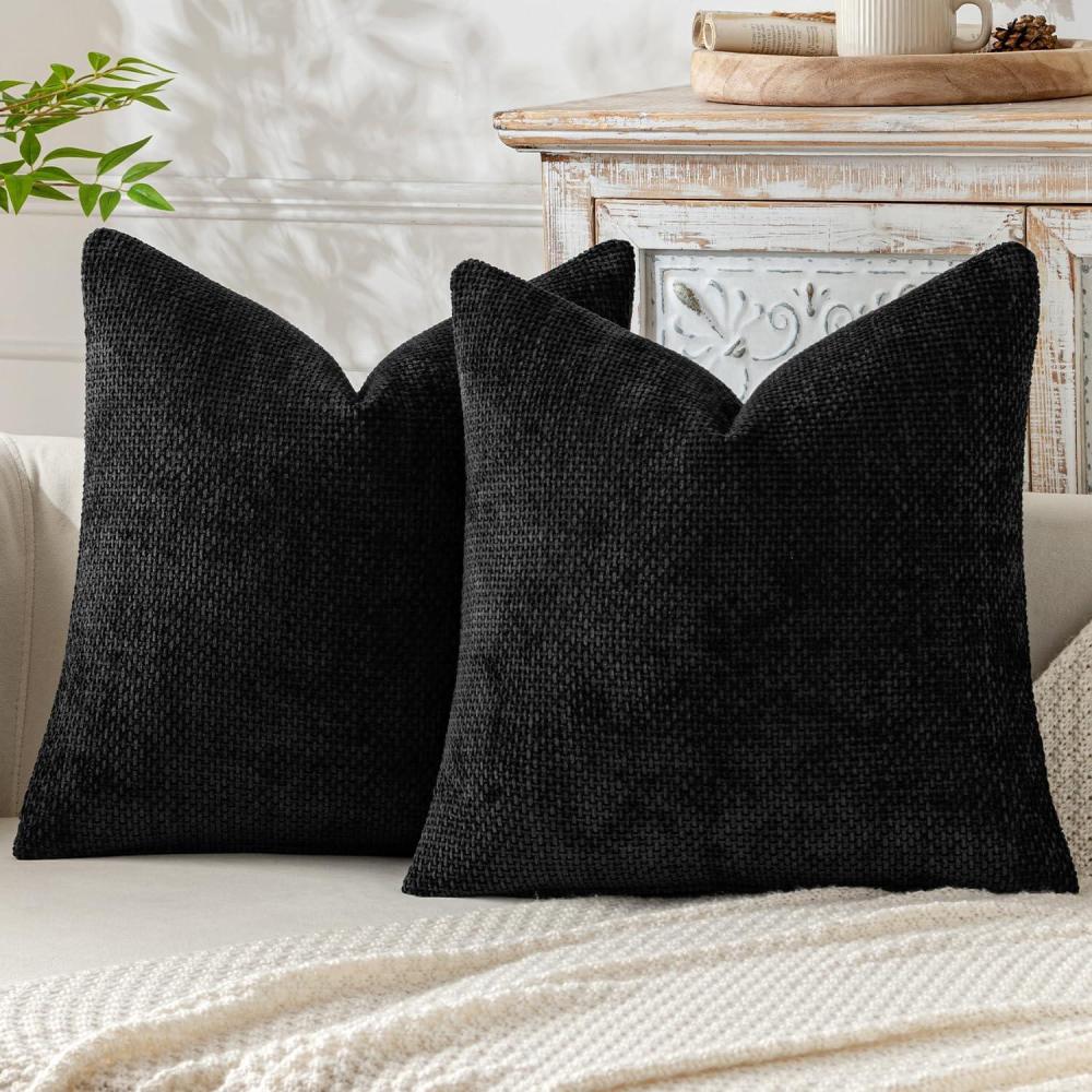 imageMIULEE Pack of 2 Christmas Couch Throw Pillow Covers 18x18 Inch Neutral Beige Modern Boho Accent Decorative Pillow Covers Soft Chenille Farmhouse Cushion Covers for Home Decor Bed Sofa Living RoomBlack