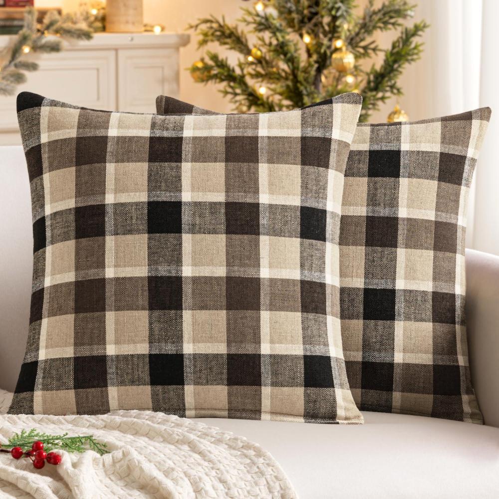 imageMIULEE Pack of 2 Christmas Decorative Pillow Covers Check Buffalo Plaids Pillowcase Tartan Linen Rustic Farmhouse Square for Bench Sofa Couch Car Bedroom Red and Tan 18x18 inchCoffee and Brown