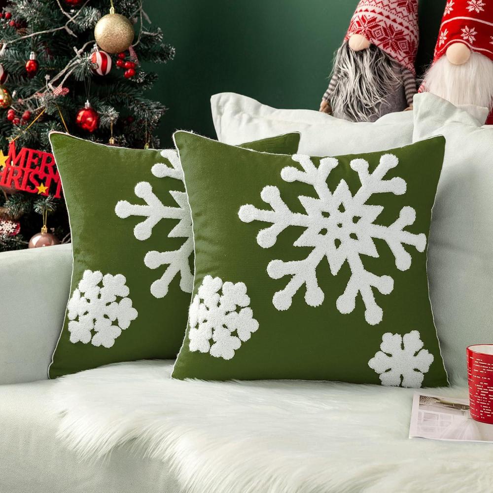 imageMIULEE Pack of 2 Christmas Decorative Snowflake Throw Pillow Covers Canvas Embroidery Winter Cushion Cases Holiday Decor Soft Pillowcases for Winter Couch Sofa Bedroom CarRed 18x18inArmy Green