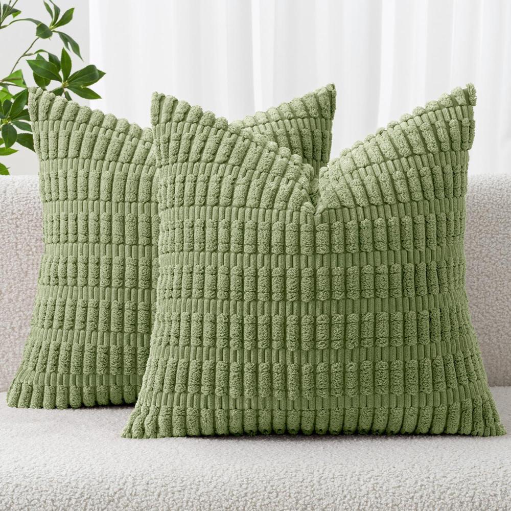 imageMIULEE Pack of 2 Christmas Red Corduroy Decorative Pillow Covers 18x18 Inch Soft Boho Striped Throw Pillow Covers Modern Farmhouse Home Decor for Sofa Living Room Couch BedSage Green