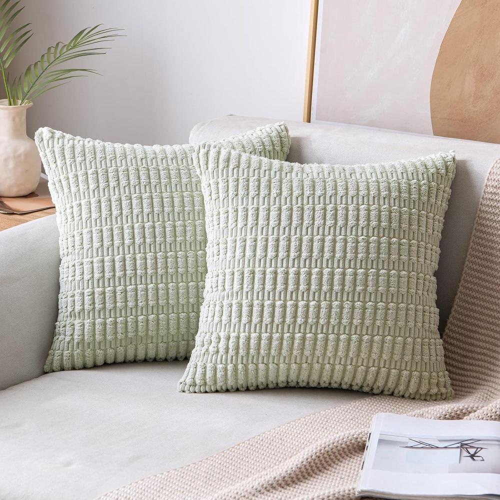imageMIULEE Pack of 2 Christmas Red Corduroy Decorative Pillow Covers 18x18 Inch Soft Boho Striped Throw Pillow Covers Modern Farmhouse Home Decor for Sofa Living Room Couch BedLight Green