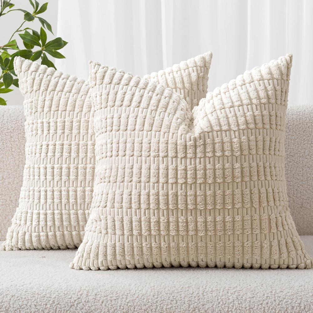 imageMIULEE Pack of 2 Christmas Red Corduroy Decorative Pillow Covers 18x18 Inch Soft Boho Striped Throw Pillow Covers Modern Farmhouse Home Decor for Sofa Living Room Couch BedCream White