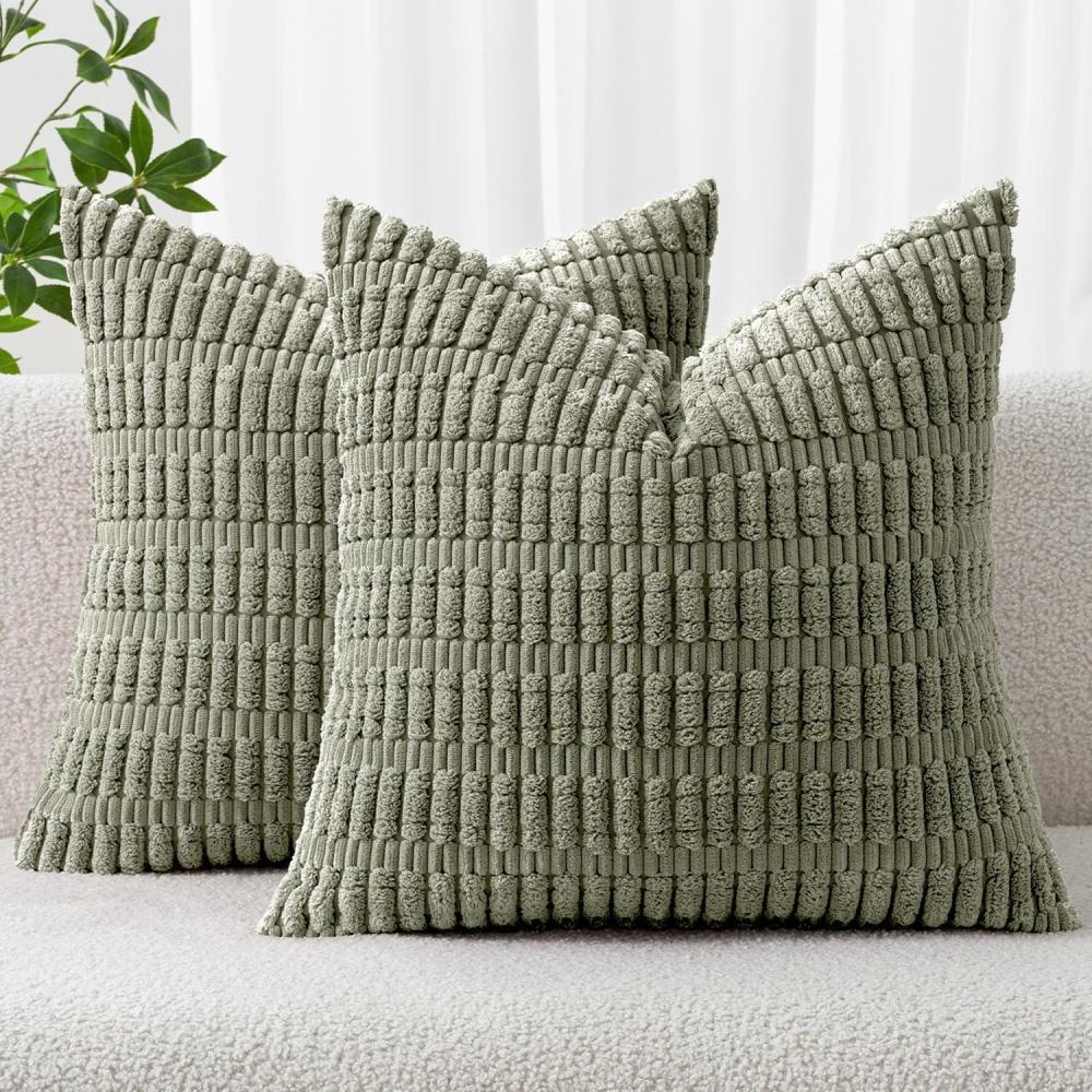 imageMIULEE Pack of 2 Christmas Red Corduroy Decorative Pillow Covers 18x18 Inch Soft Boho Striped Throw Pillow Covers Modern Farmhouse Home Decor for Sofa Living Room Couch BedLight Olive Green