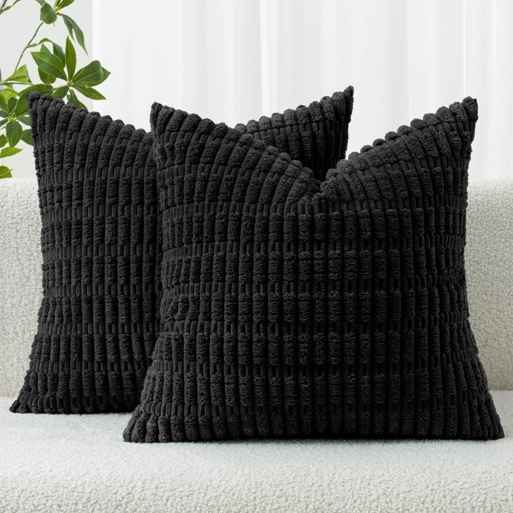 imageMIULEE Pack of 2 Christmas Red Corduroy Decorative Pillow Covers 18x18 Inch Soft Boho Striped Throw Pillow Covers Modern Farmhouse Home Decor for Sofa Living Room Couch BedBlack