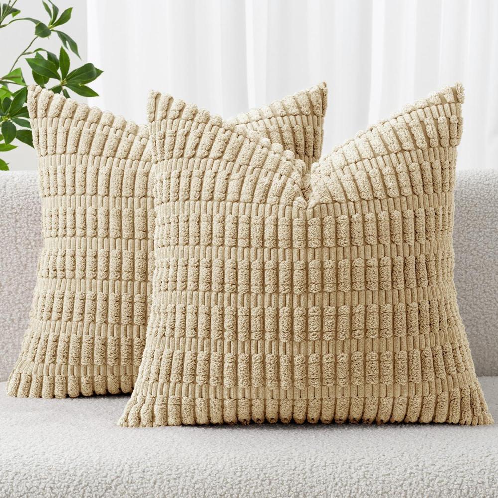 imageMIULEE Pack of 2 Christmas Red Corduroy Decorative Pillow Covers 18x18 Inch Soft Boho Striped Throw Pillow Covers Modern Farmhouse Home Decor for Sofa Living Room Couch BedTan